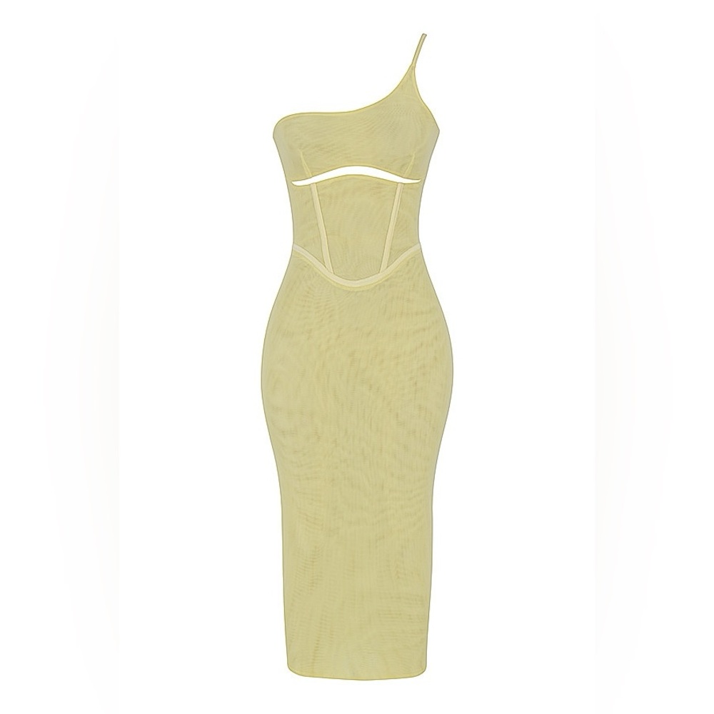 **SOLD** House of CB Mistress Rocks Lemon One Shoulder Corset Midi Dress - Picture 6 of 11